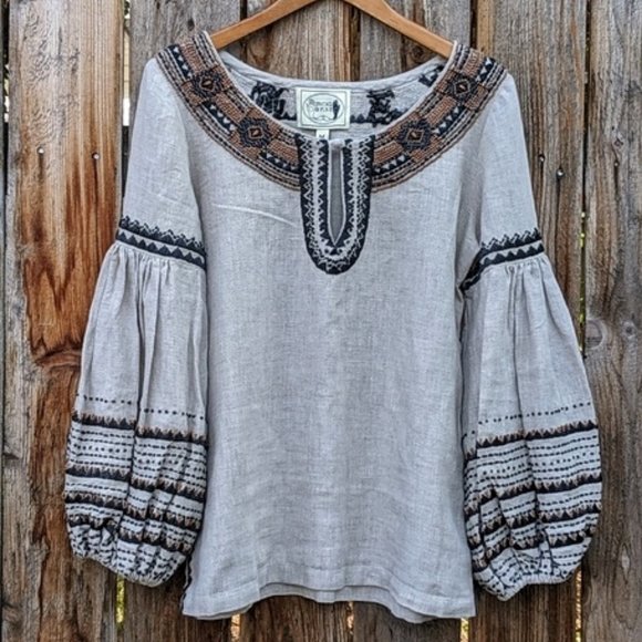Irving & Fine Tops - Irving & Fine Beaded Linen Peasant Sleeve Blouse M